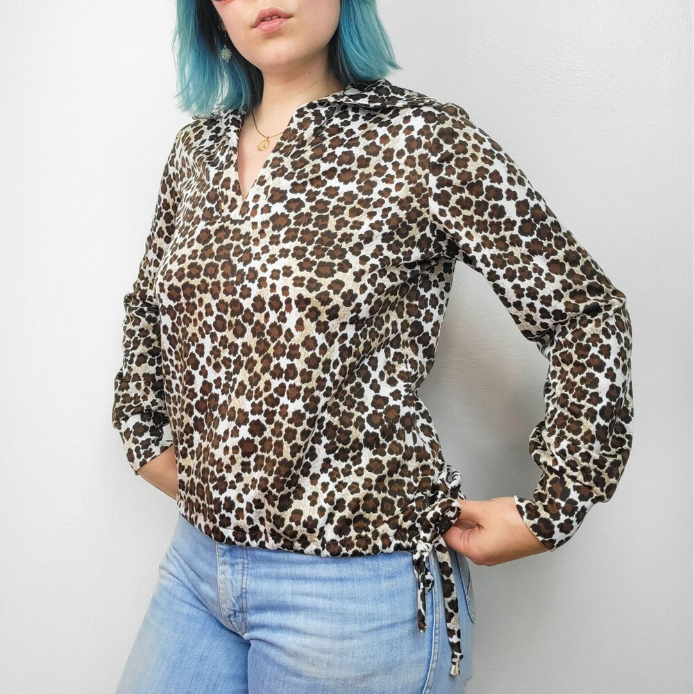 70s Aladdin Leopard Print V-neck Tie Waist Blouse